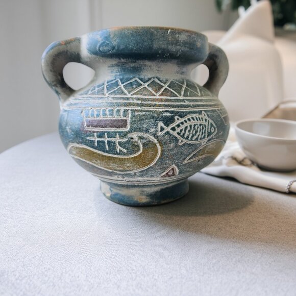 Mediterranean Boats & Fish Motif Pottery Jar: Greek Style Double Handle Vase - Picture 9 of 13